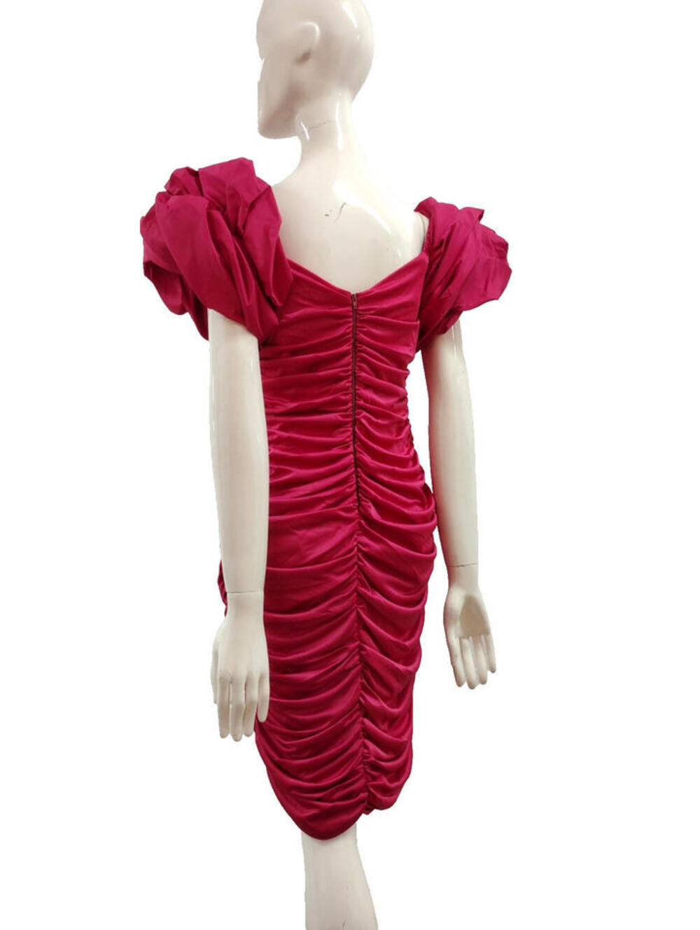Dynasty 80s Samir Couture Pink Fuchsia Dress M Balloon Sleeve Draped Rhinestones